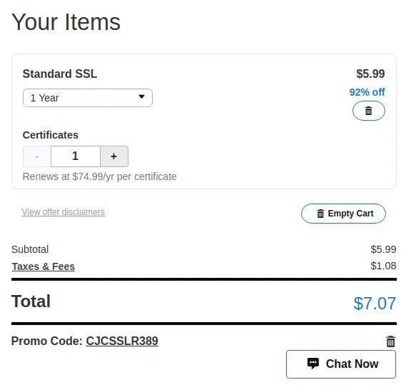 Godaddy SSL Checkout page